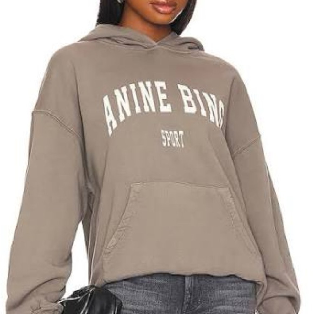 Anine Bing Dusty Olive Oversized Logo Hoodie with White Script